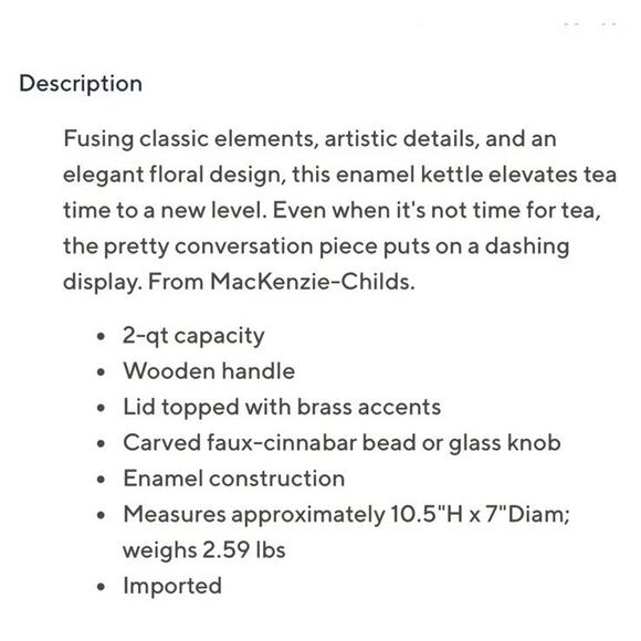 McKenzie-Child’s 2 Qt teapot Kettle Black Flowers Excellent Condition - Picture 7 of 7